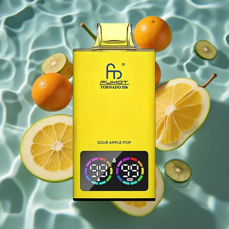 Fumot Tornado 35K Disposable Vape – Sour Apple Pop, 15ml, 35000 Puffs, Dual Mesh, RGB Lights, USB-C