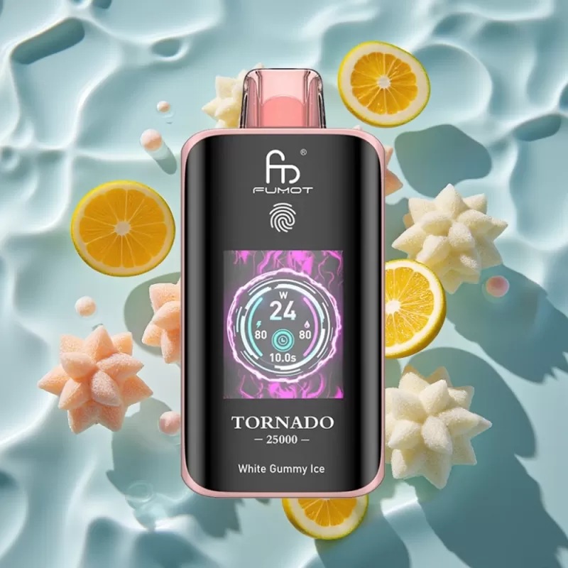 Fumot Tornado 25000 Puffs Rechargeable Disposable Vape with HD Screen & Type-C Charging – White Gummy Ice