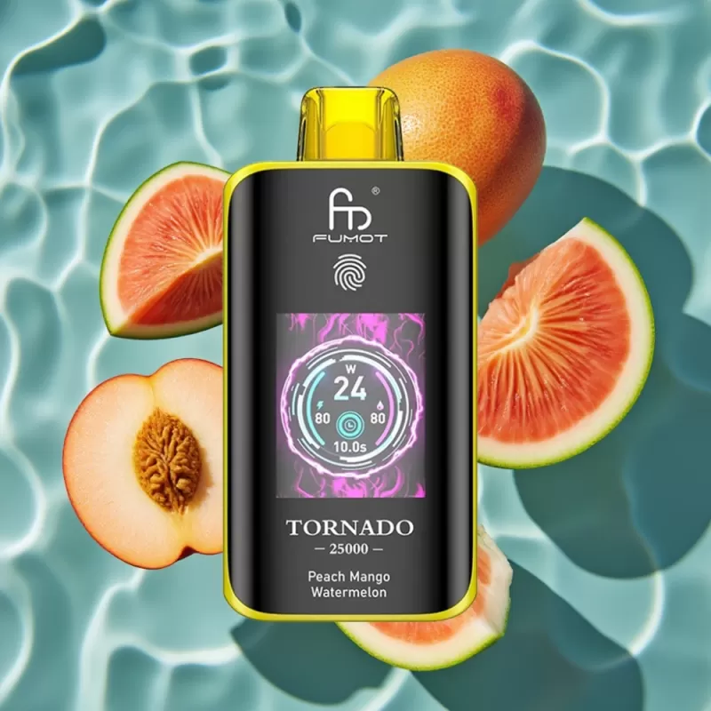 Fumot Tornado 25000 Puffs Peach Mango Watermelon Disposable Vape with HD Screen & Type-C Charging