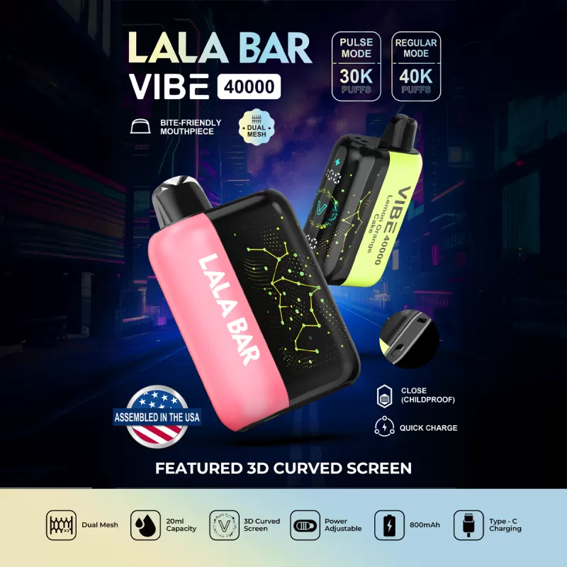 Assembled in USA | LALA BAR Vibe 40K Puff Disposable Device - TEXAS COMPLIANT VERSION - Bluebonnet Berry