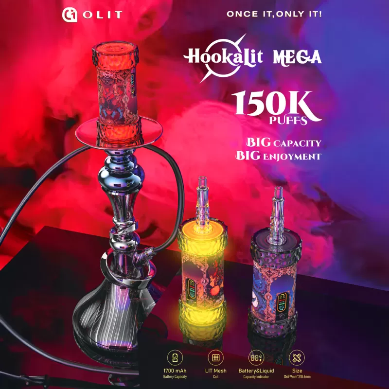 OLIT HookaLit MEGA 150K Puff Disposable E-Hookah - 150,000 Puffs - Two Apple Eco-Friendly Pack (Sealed w/o Box)