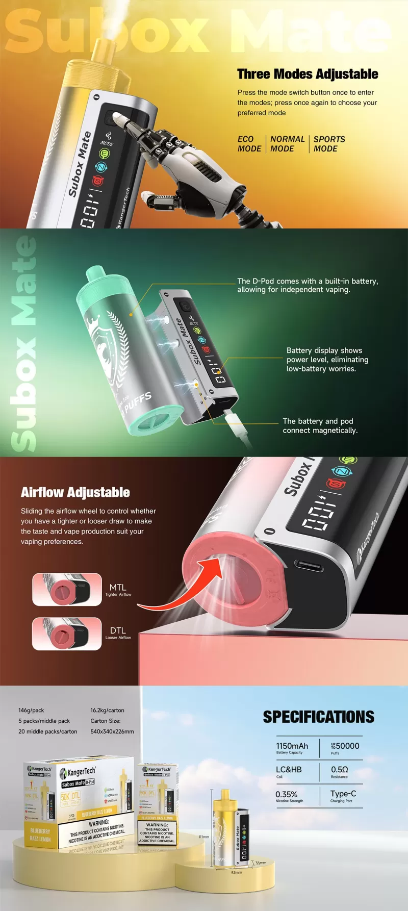 Kanger Subox Mate D-Pod 50K 50000 Puffs Disposable Kit 40ml - Menthol / 35mg / 1pc / US-1 Warehouse - Image 3