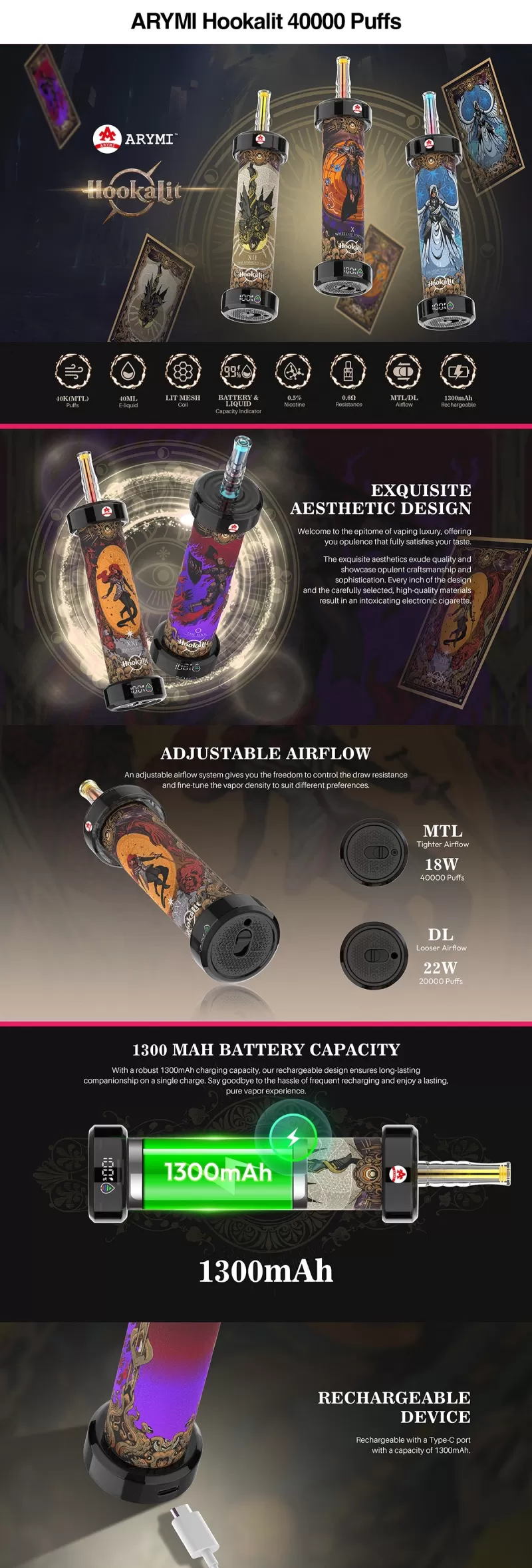 Arymi Hookalit 40000 40K Puffs MTL DL Disposable Vape - Image 3
