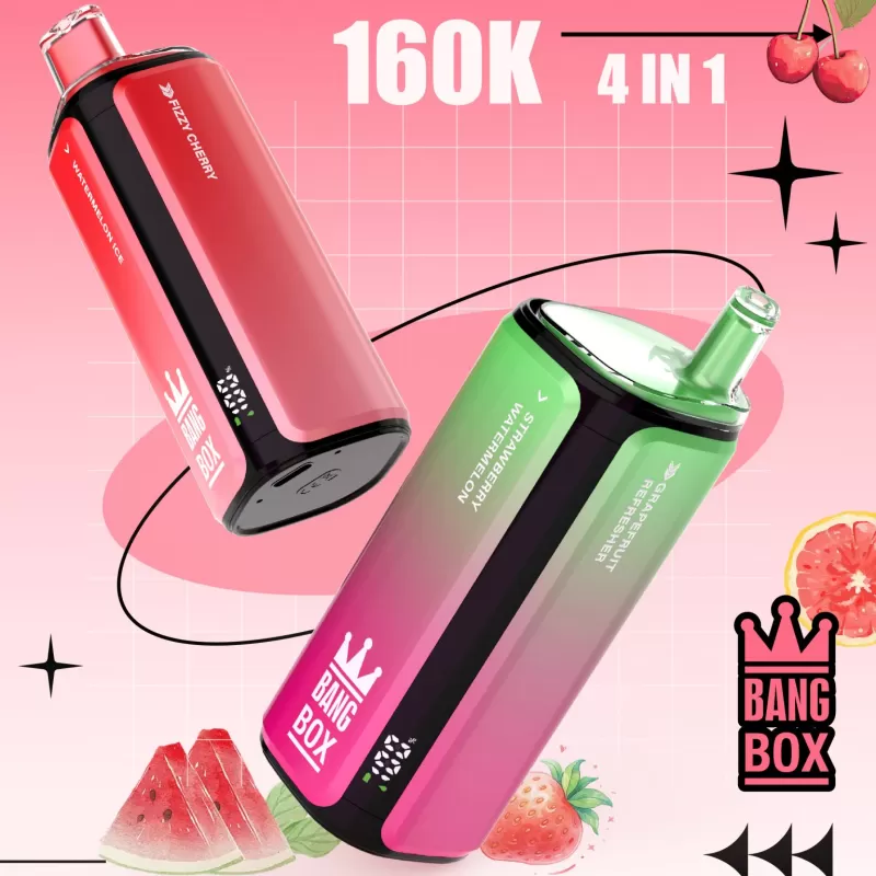 Bang Box 160K | 4-in-1 160000 puffs, quad option, 1.0Ξ© mesh coil, LCD display, 0%-5% strength, rechargeable bulk disposable vape
