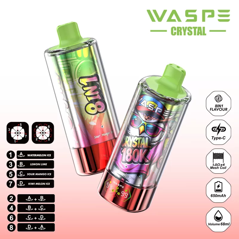 WASPE Crystal 180K | 8-in-1 option switch, 180000 puffs, LED display, bulk disposable vape - Image 2