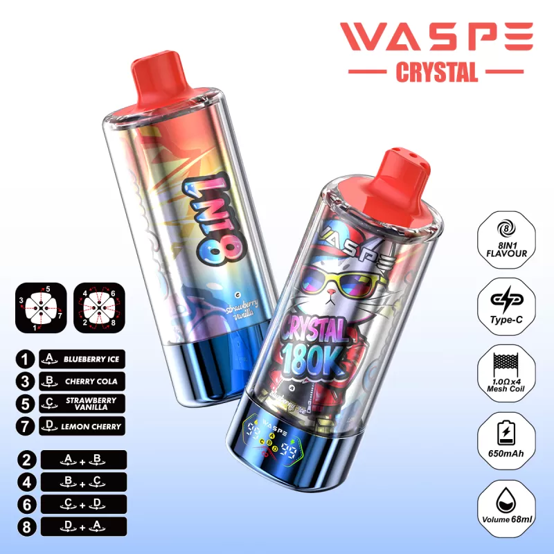 WASPE Crystal 180K | 8-in-1 option switch, 180000 puffs, LED display, bulk disposable vape - Image 3