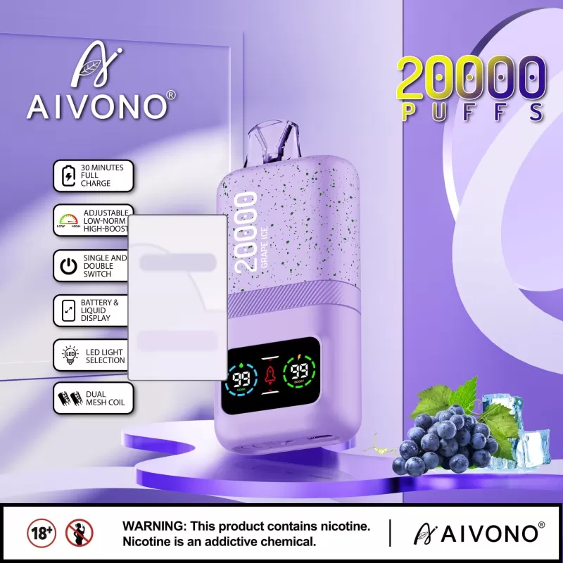 AIVONO AIM MAGIC 20000 Puffs | 0%-5% strength, 26mL, dual mesh, LCD display, bulk vape - Image 2