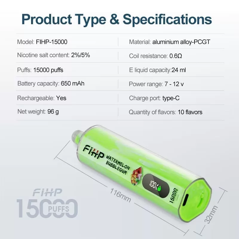 FIHP Shisha Hookah 15000 Puffs | 0.6% strength, bulk disposable vape - Image 2