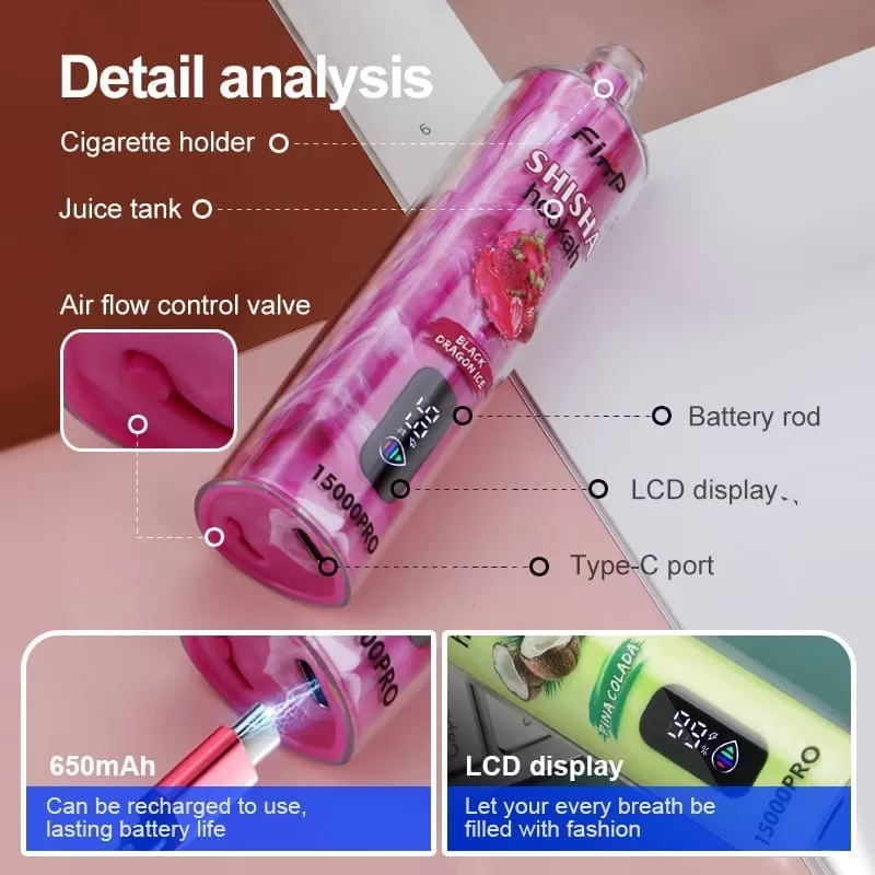 FIHP Shisha Hookah Pro 15000 Puffs | 0.6% strength, 22mL, LED display, bulk disposable vape - Image 2