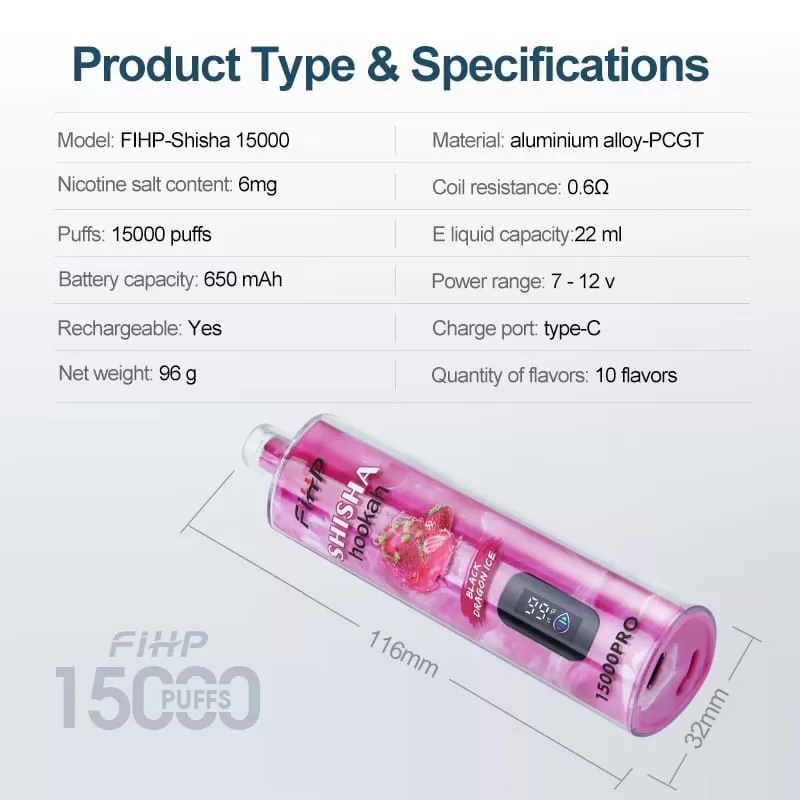 FIHP Shisha Hookah Pro 15000 Puffs | 0.6% strength, 22mL, LED display, bulk disposable vape - Image 3