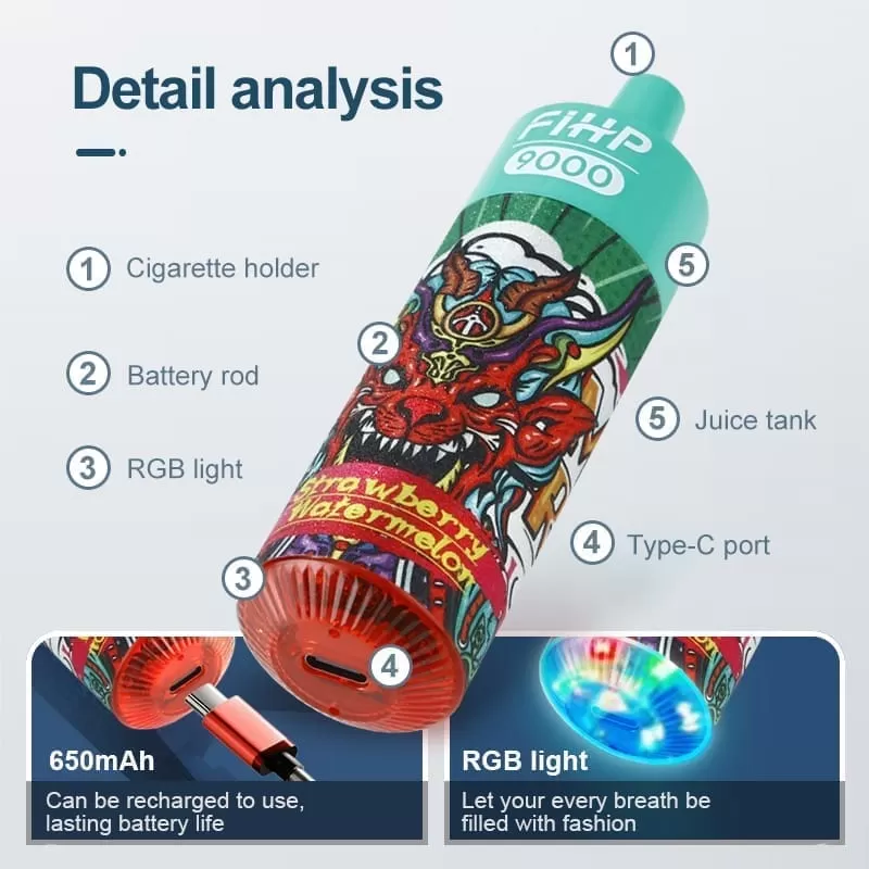 FIHP 9000 Puffs | 2%-5% strength, 18mL, RGB light, bulk disposable vape - Image 2