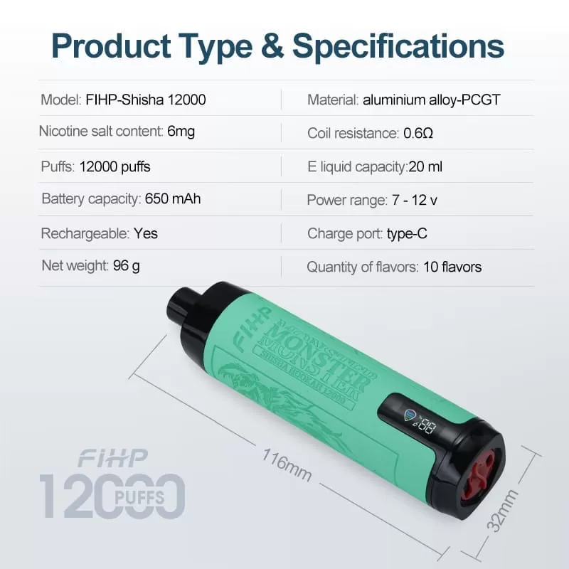 FIHP Shisha Hookah 12000 Puffs | 0.6% strength, bulk disposable vape - Image 2
