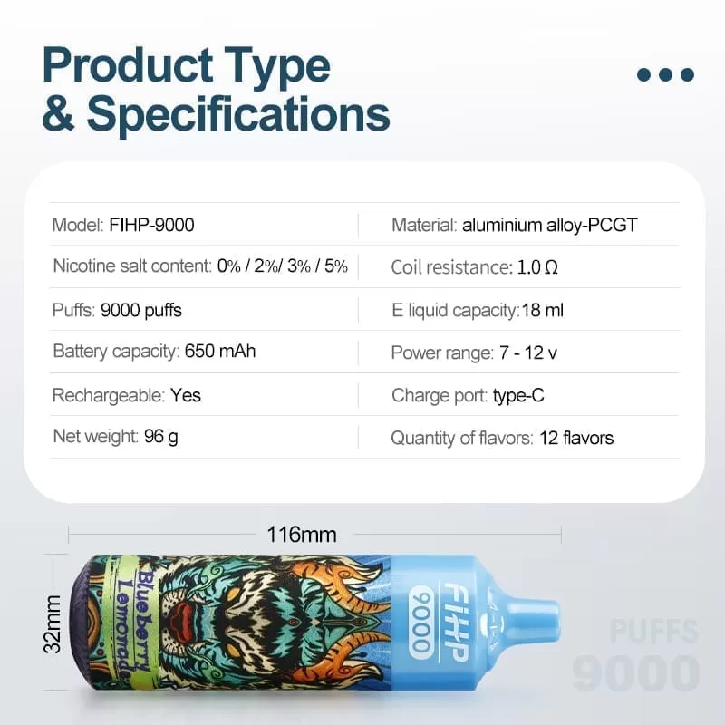 FIHP 9000 Puffs | 2%-5% strength, 18mL, RGB light, bulk disposable vape - Image 3