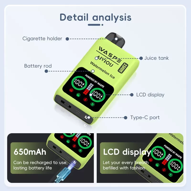 WASPE 25000 Puffs | 0%-5% strength, 25mL, dual mesh, LCD display, bulk disposable vape - Image 2
