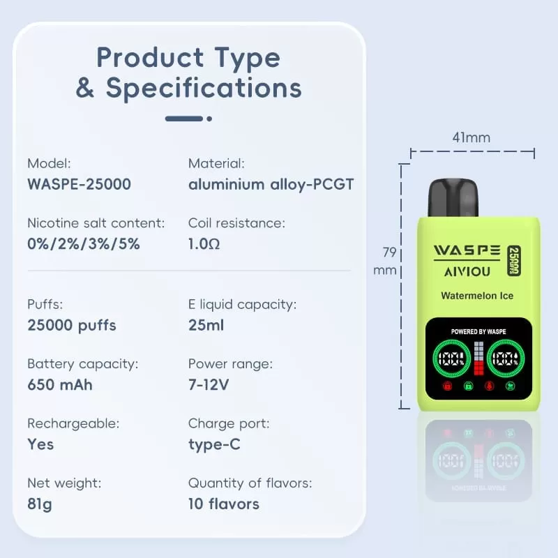 WASPE 25000 Puffs | 0%-5% strength, 25mL, dual mesh, LCD display, bulk disposable vape - Image 3