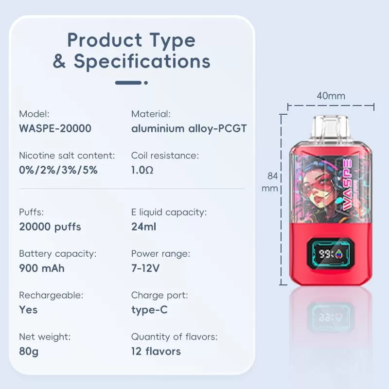 Waspe 20000 Puffs | 0%-5% strength, 24mL, dual mesh, LCD display, bulk disposable vape - Image 3