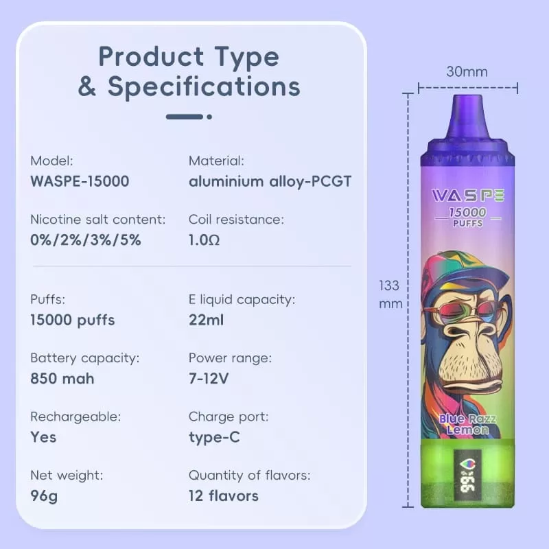 Waspe 15000 Puffs | 0%-5% strength, 22mL, LCD display, bulk disposable vape - Image 3