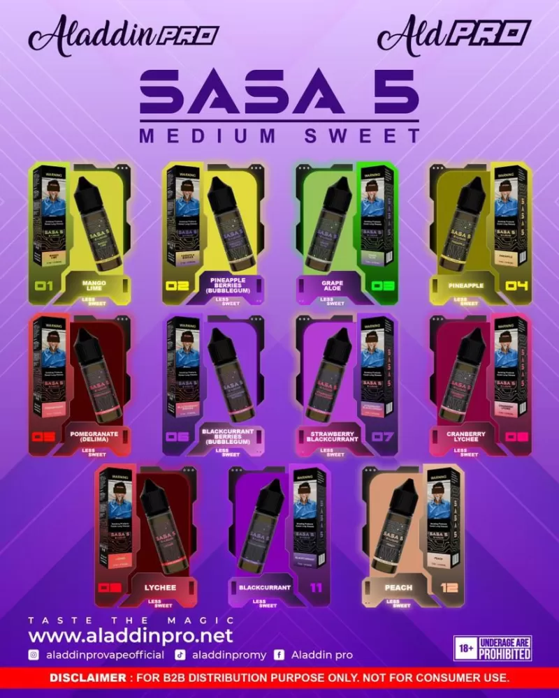 Sasa 5 E-Liquid15ml 20mg By Aladdin Pro (Medium Sweet) Akta 852 Registered Genuine Stock Buy Now - Image 2