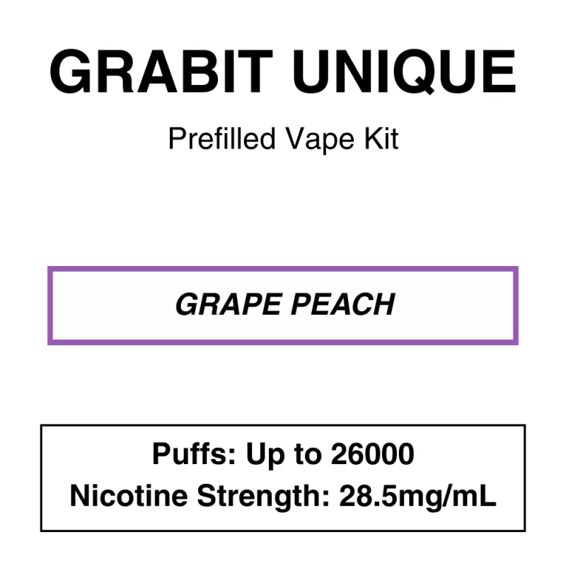 Grabit – Unique 26K – Prefilled Vape Kit – Grape Peach – 26000 Puffs – 28.5mg/mL Nicotine