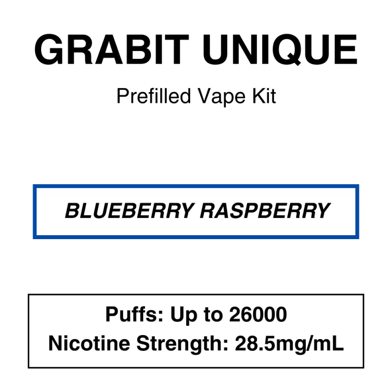 Grabit – Unique 26K – Prefilled Vape Kit – Blueberry Raspberry – 26000 Puffs – 28.5mg/mL Nicotine