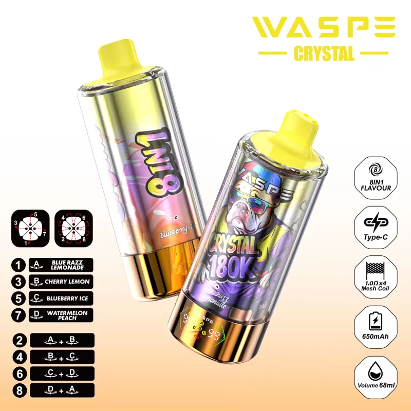 WASPE 8 in 1 Crystal 180000 – 180K Puffs 1.0Ω Mesh Coil ×4 68ml E-Liquid Disposable Vape - Image 2