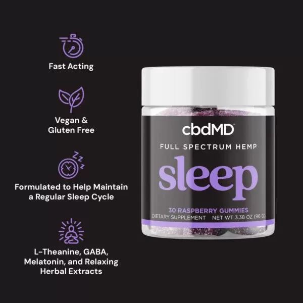 cbdMD Sleep CBD Gummies – Raspberry, Full Spectrum | 30ct, 1500mg CBD + 600mg CBN + 90mg THC - Image 2