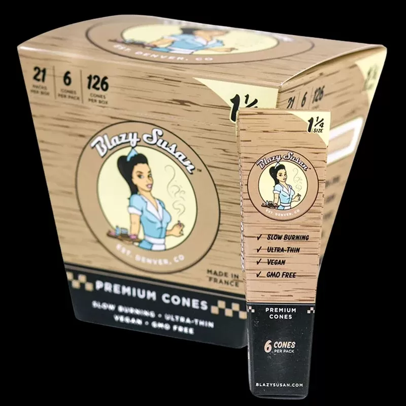Blazy Susan 1 1/4″ Unbleached Pre Rolled Cones – Display Box