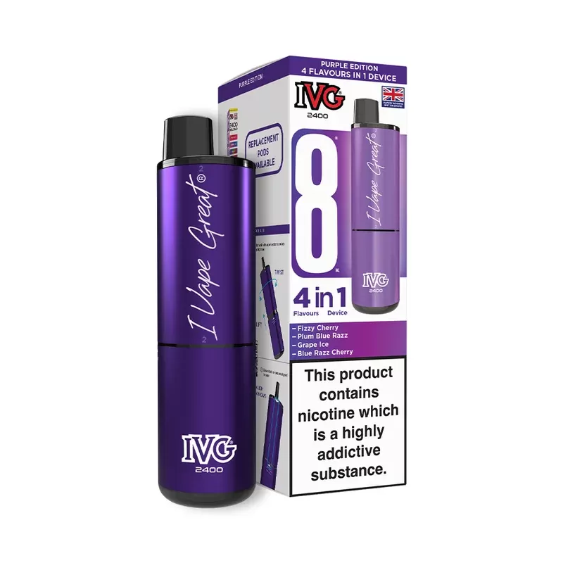 IVG 2400 Big Puff Pre-filled Pod Vape Kit (4 in 1) ?2 for £25? – Purple Edition (4 Flavours)
