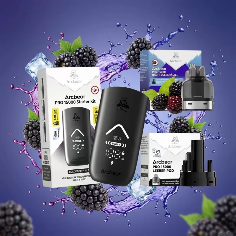 Arcbear Pro 15000 Starterkit – Blackberry Ice 20mg/ml Nikotin - Brombeere / Ice / 20mg/ml / bis zu 15000 / USB-C / 1000 mAh / 10 ml / Dual-Mesh / ECO 12 W / BOOST 20 W