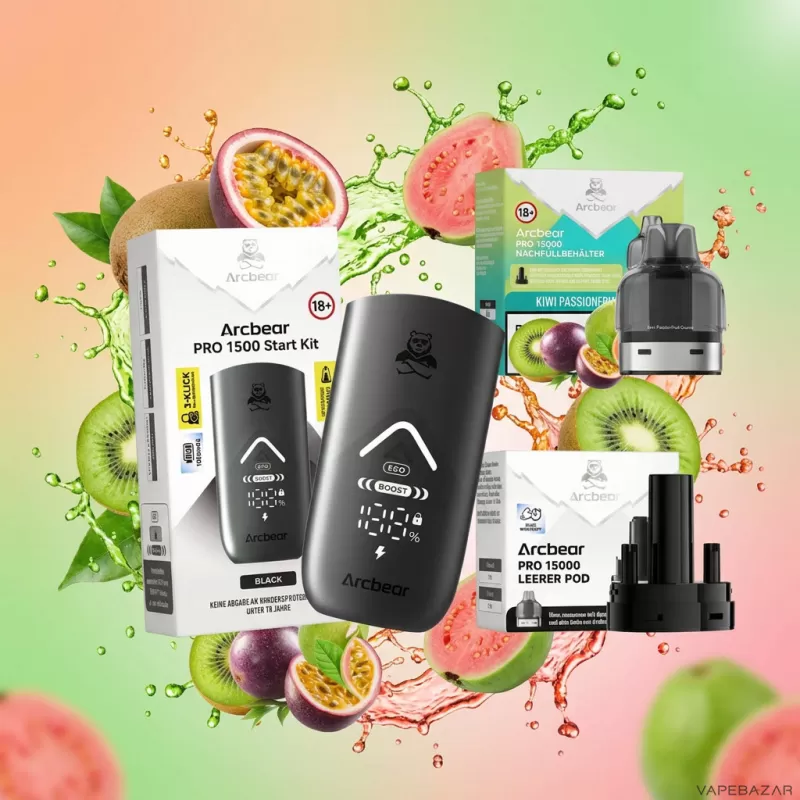 Arcbear Pro 15000 Starterkit – Kiwi Passionfruit Guava 20mg/ml Nikotin - Passionsfrucht / Kiwi / Guave / 20mg/ml / bis zu 15000 / USB-C / 1000 mAh / 10 ml / Dual-Mesh / ECO 12 W / BOOST 20 W