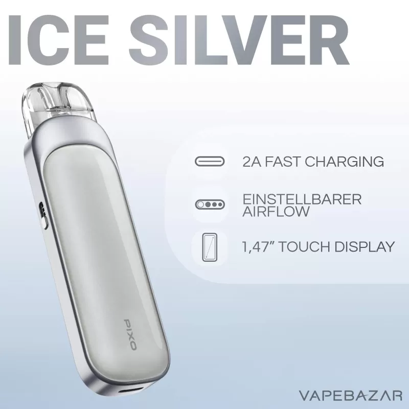 Aspire Pixo Pod Kit – Ice Silver - Pod Kit / Aspire / 1100 mAh / 3ml / 1.0 Ω / 0.4 Ω / 5 - 30 Watt / USB-C - Image 2