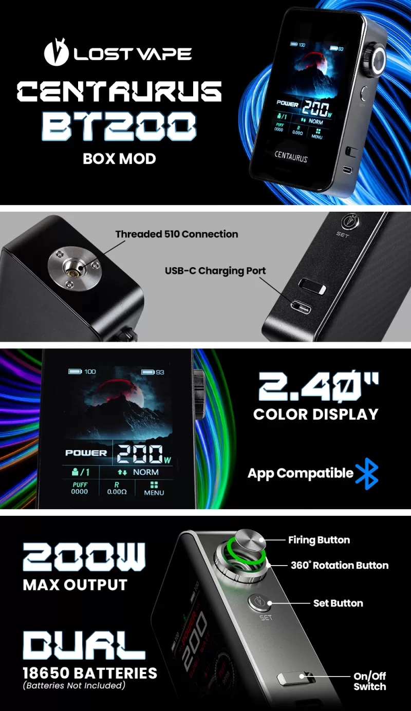 Box Mod Centaurus BT200 – Lost Vape - Black Carbon - Image 2